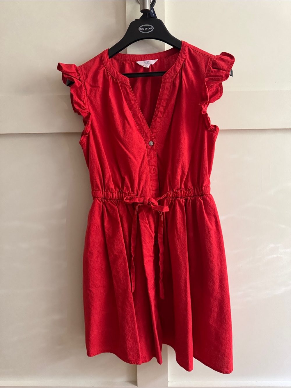 Time and Tru Red Ruffle Sleeve Tie-Waist Casual Dress